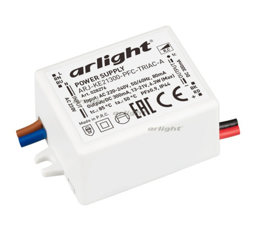 Блок питания ARJ-KE21300-PFC-TRIAC-A (6.3W, 300mA) (Arlight, IP44 Пластик, 5 лет) Блок питания ARJ-KE21300-PFC-TRIAC-A (6.3W, 300mA) (Arlight, IP44 Пластик, 5 лет)